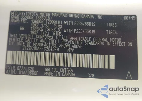 2015 Lexus Rx 350 из США, поврежденный, VIN 2T2ZK1BA7FC204379